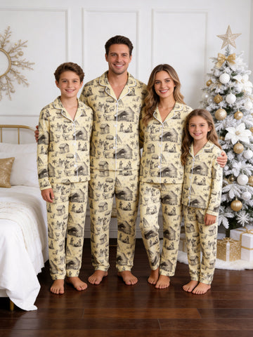 Vintage Nativity Stable and Manger Scene Print Family Holiday Sleepwear Set