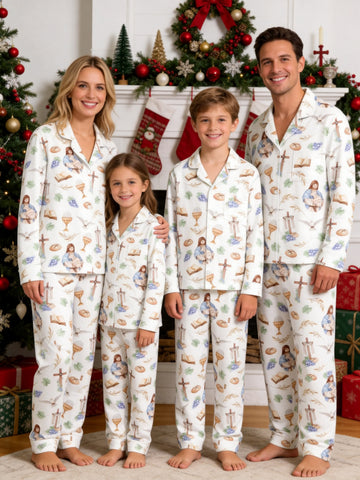 Holy Communion Chalice, Bread, and Doves Print Matching Family Pajamas
