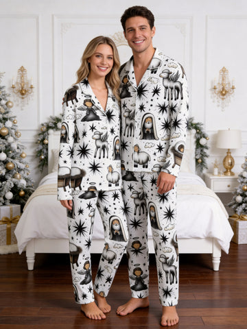 Bethlehem Starry Night with Angels and Lambs Print Couple Christmas Pyjamas