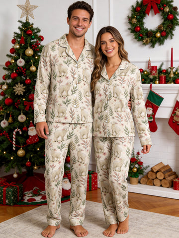 Sweet Little Lambs and Botanical Leaf Vine Print Matching Couple Pajamas