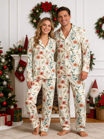 Spring Floral and Wooden Crosses Pattern Print Couple Sleepwear PJs