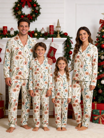 Spring Floral and Wooden Crosses Pattern Print Family Sleepwear PJs