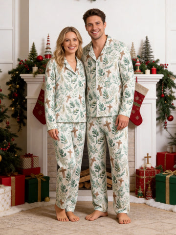 Watercolor Greenery Leaves and Wooden Crosses Pattern Print Matching Couple Pajamas