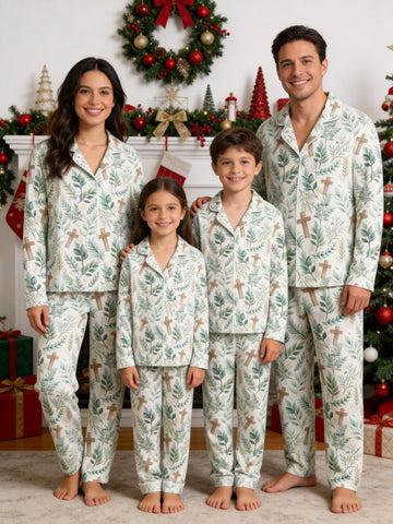 Watercolor Greenery Leaves and Wooden Crosses Pattern Print Matching Family Pajamas