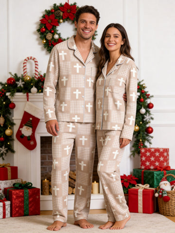 Neutral Beige Gingham Check and White Faith Crosses Print Couple Sleepwear PJs