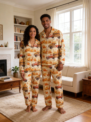Autumn Pumpkin Harvest and Orange Farm Truck Print Matching Couple Pajamas