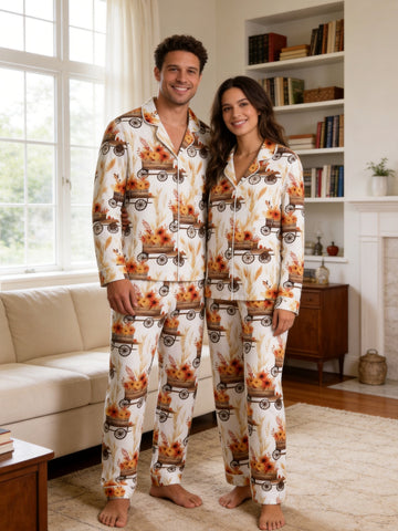 Rustic Fall Sunflower Cart and Wheat Farm Harvest Print Couple Holiday Sleepwear