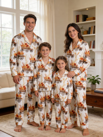 Rustic Fall Sunflower Cart and Wheat Farm Harvest Print Family Holiday Sleepwear