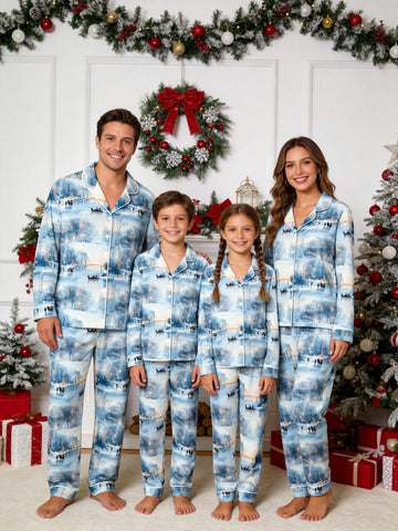 Magical Snowy Winter Night Landscape and Skating Scene Family Sleepwear PJs