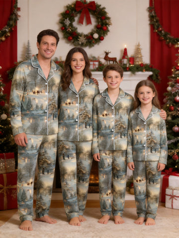 Peaceful Winter Forest Snowfall and Twilight Landscape Family Matching Pyjamas