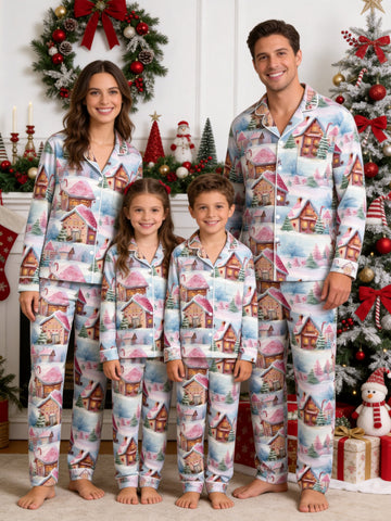 Cozy Winter Snow Village and Gingerbread Houses Print Matching Family Pajamas Set