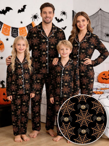 Halloween Spooky Spider Web and Spider Print Black Button-Front Pajama Set