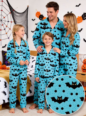 Blue Halloween Polka Dot and Flying Vampire Bat Graphic Lounge Sleepwear Set