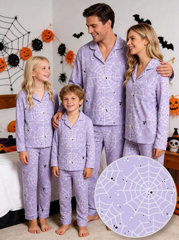 Purple Halloween Minimalist Spiderweb Print Long Sleeve Button-Down Pajamas