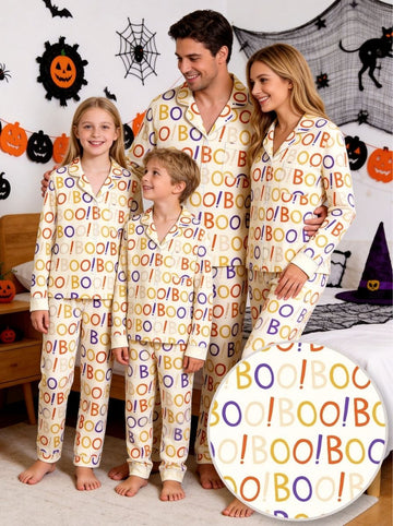 Funny Halloween BOO Typography Letter Print Casual Soft Notch Collar Sleep Set