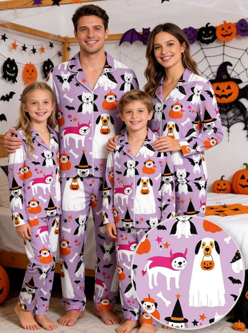 Halloween Cute Ghost & Witch Dog Print Long Sleeve Pajama Set Purple Sleepwear
