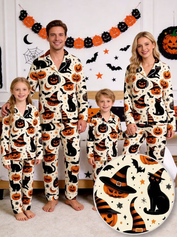 Family Halloween Black Cat and Jack-O-Lantern Pumpkin Print Notch Collar Sleepwear Set