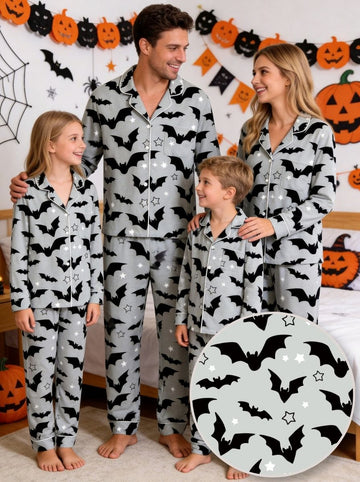 Grey Halloween Flying Bat and Star Graphic Button-Down Sleep Set