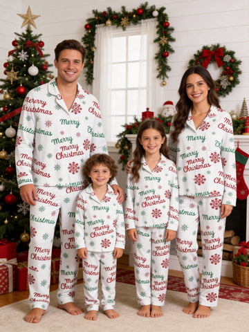 Merry Christmas Letter and Snowflake Print Matching Family Pajamas Set