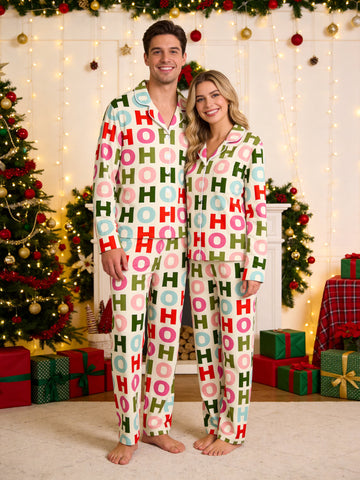 Colorful HO HO HO Christmas Letter Graphic Matching Couple Pajamas