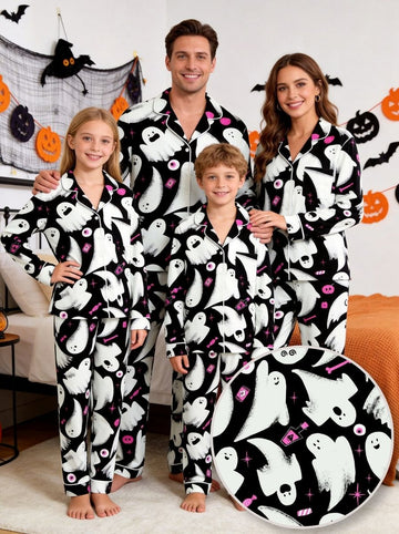 Cute Ghost & Pink Candy Pattern Black Notch Collar Pajamas