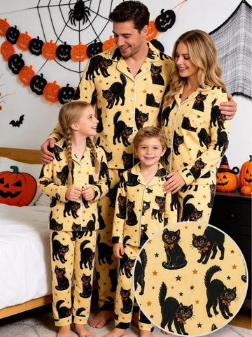 Vintage Black Cat & Star Print Notch Collar Long Sleeve Pajama Set