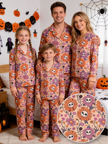 Boho Retro Floral Skull Patterned Two-Piece Soft Lounge Sleepwear Set