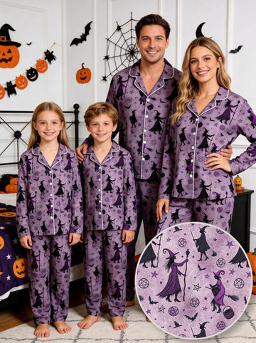 Wiccan Witch Silhouette, Broomstick & Pentagram Pattern Purple Sleepwear