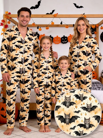 Cute Little Bat & Lantern Print Yellow Halloween Notch Collar Pajama Set