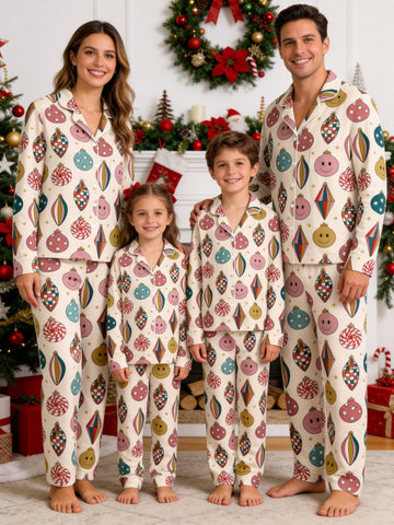 Retro Mid-Century Christmas Ornaments and Smiley Faces Print Family Holiday Sleepwear Set