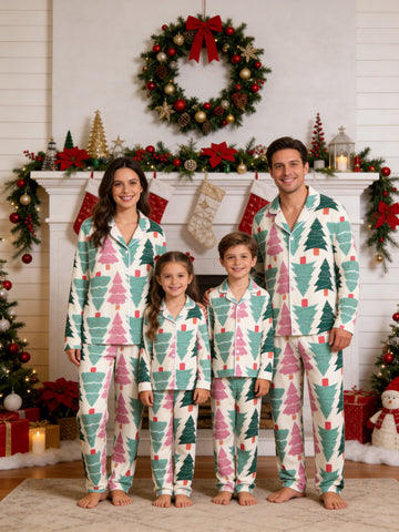 Pastel Pink and Green Christmas Tree Print Matching Family Holiday Sleepwear