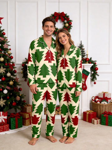 Retro Geometric Christmas Tree Pattern Matching Couple Pajamas Set
