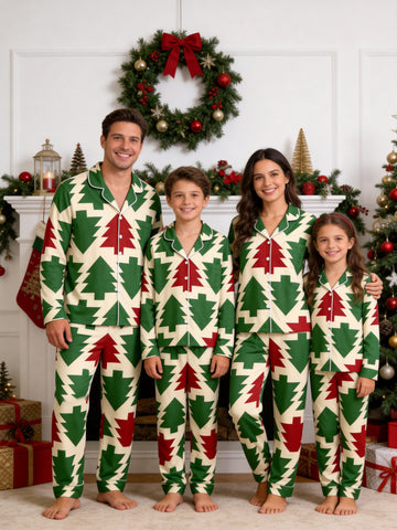 Retro Geometric Christmas Tree Pattern Matching Family Pajamas Set