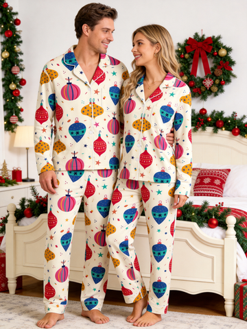 Festive Christmas Ball Ornament Print Matching Couple Pajamas Set