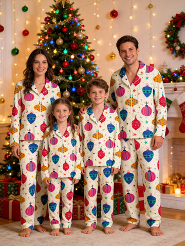 Festive Christmas Ball Ornament Print Matching Family Pajamas Set