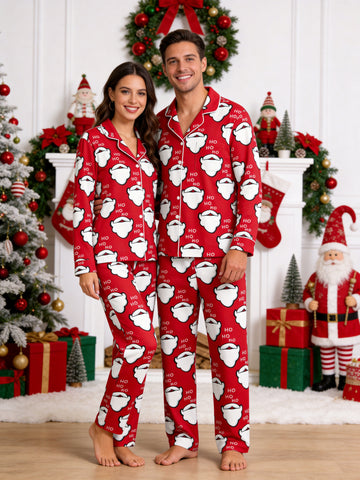 Red Santa Beard and Ho Ho Ho Letter Graphic Matching Couple Christmas Pajamas