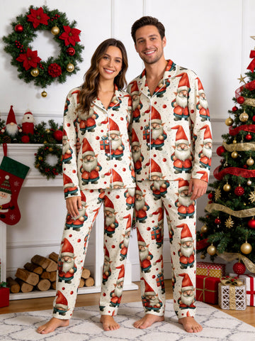 Beige Cute Santa Gnome with Gift Box Print Matching Couple Holiday PJs
