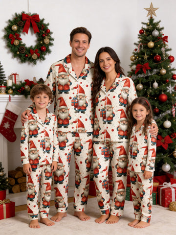 Beige Cute Santa Gnome with Gift Box Print Matching Family Holiday PJs