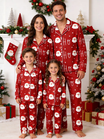 Red Santa Claus Face and Starry Print Matching Family Christmas Sleepwear