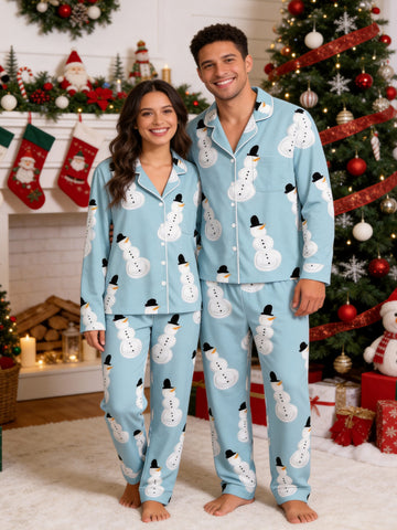 Light Blue Top Hat Snowman Print Matching Couple Winter Holiday Pajamas