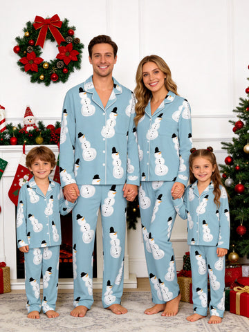 Light Blue Top Hat Snowman Print Matching Family Winter Holiday Pajamas