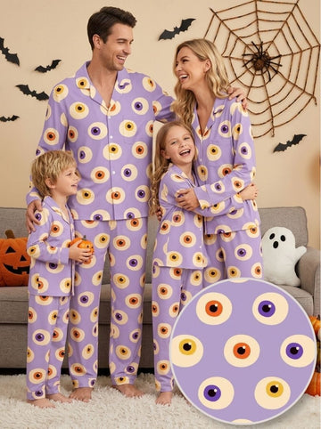 Whimsical Halloween Monster Eye Print Matching Family Pajama Set, Button-Down Cotton Loungewear