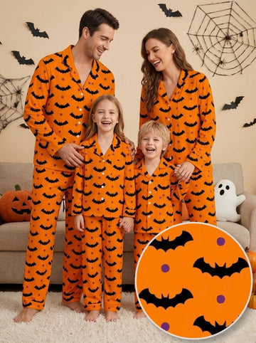Vibrant Halloween Bat & Polka Dot Print Matching Family Pajama Set, Button-Down Cotton Loungewear