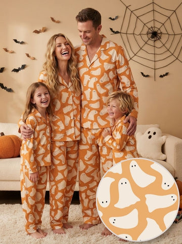 Cute Halloween Ghost Print Matching Family Pajama Set, Button-Down Cotton Loungewear