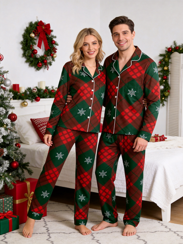 Red and Green Plaid with Snowflakes Matching Couple Christmas Pajamas PJs