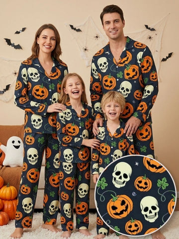 Spooky Halloween Skull & Jack-o'-Lantern Print Matching Family Pajama Set, Button-Down Cotton Loungewear