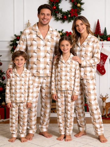 Buffalo Plaid Reindeer Print Matching Family Pajamas Holiday Set