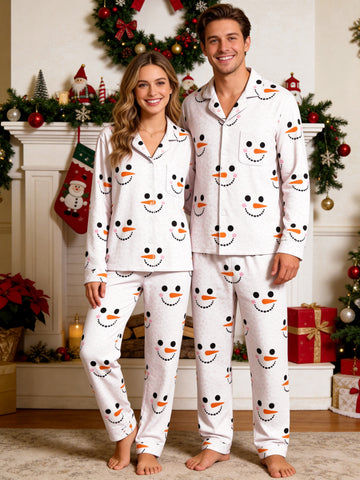 White Snowman Face and Polka Dot Print Matching Couple Christmas Pajamas