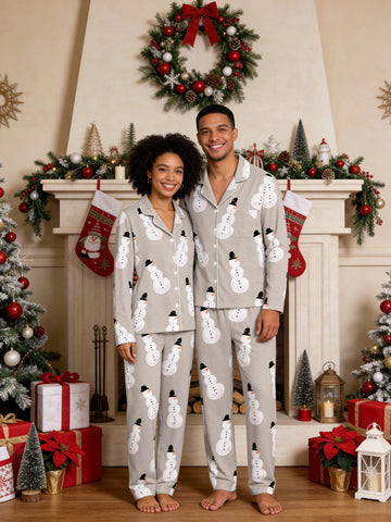 Grey Top Hat Snowman Print Long Sleeve Matching Couple Christmas Pajamas