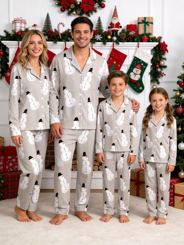 Grey Top Hat Snowman Print Long Sleeve Matching Family Christmas Pajamas